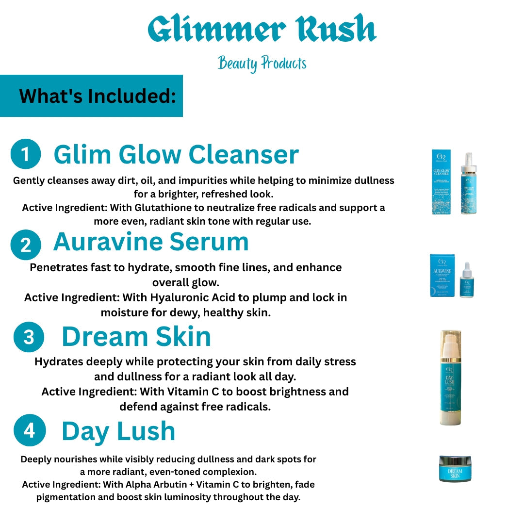 Glim Glow Cleanser +Day Lush + Dream Skin + Auravine